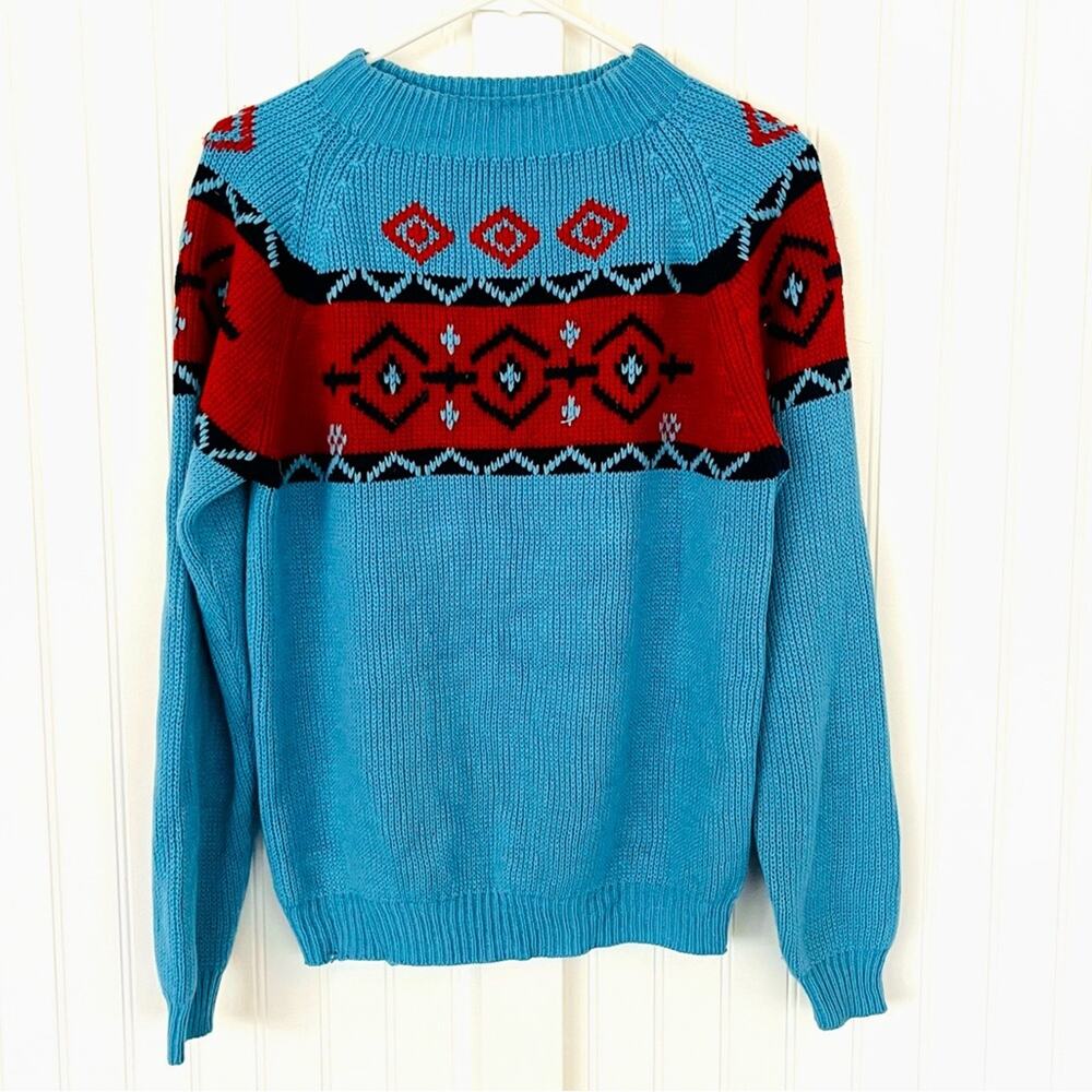 Vintage 70s Colorful Geometric Ski Sweater Bright Blue Orange Black JcPenney Boy